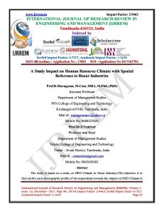 A Study Impact on Human Resource Climate with Special Reference to Hosur Industries